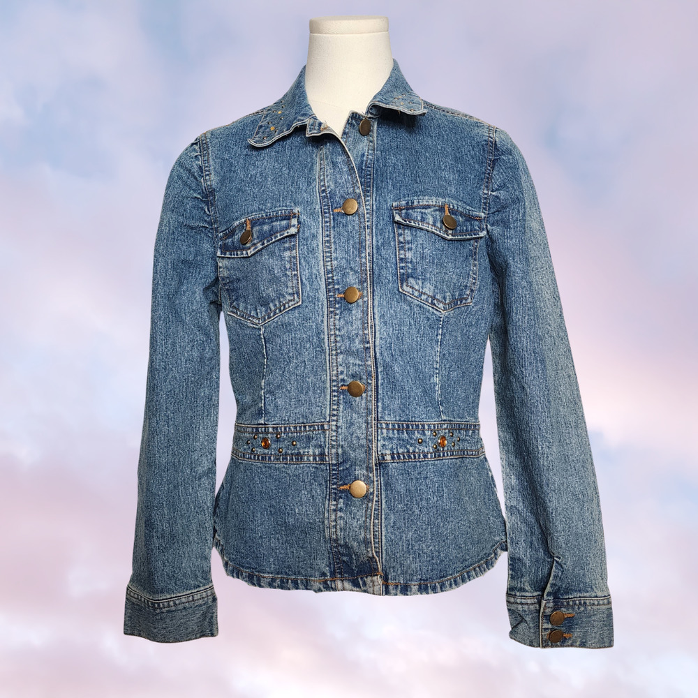 Vtg 90s Y2k Rhinestone Gem Studded Bratz Trendy Collared Denim Jacket Sz 10 - Picture 1 of 8